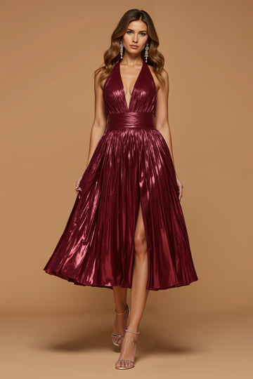 Metallic Halter Pleated Burgundy Holiday Dress with Slit
